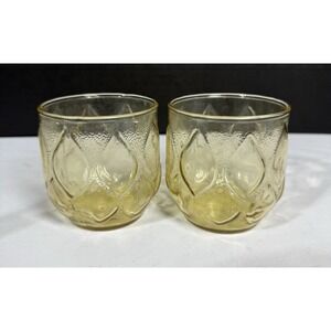 Two Vintage Anchor Hocking Gold Yellow Diamond Quilt Lowball Glasses 3" High